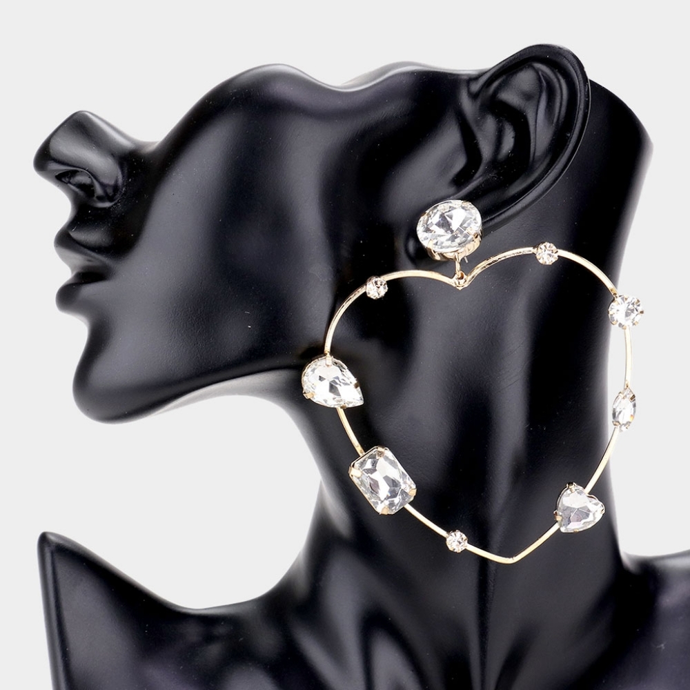 Gold Crystal Geometric Heart Hoop Earrings Open Big Statement Fashion Jewelry